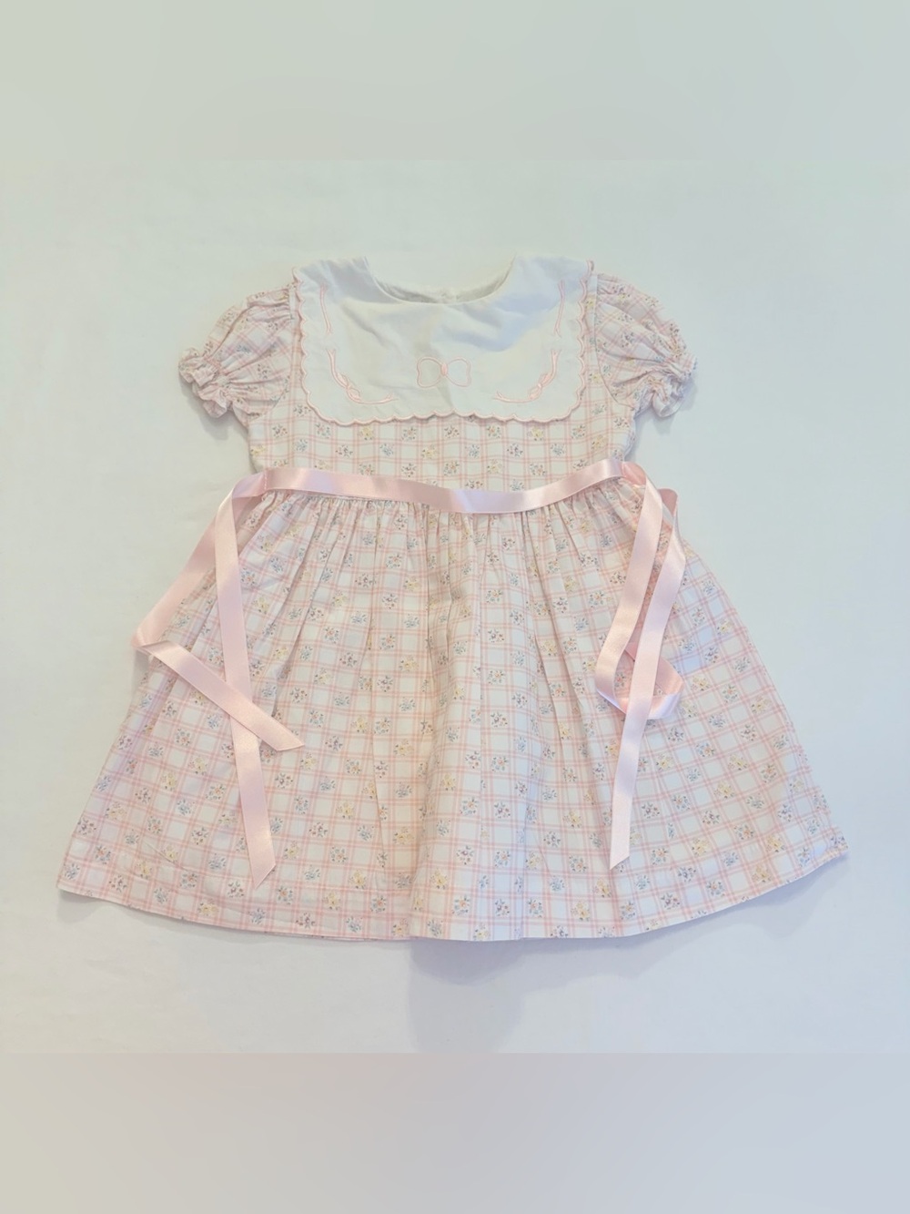 Sal & Pimenta Pink Plaid Dress with Ribbon Accents & Bow Embroidery Size 3T